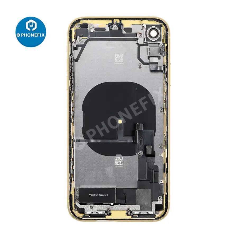Red PHONEFIX back cover assembly for iPhone XR with replacement glass, showing the full rear glass back cover.