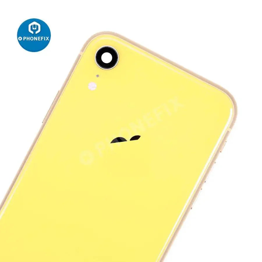 Red PhoneFix back cover assembly for iPhone XR, full glass replacement showing the rear view with brand logo and camera cutout.