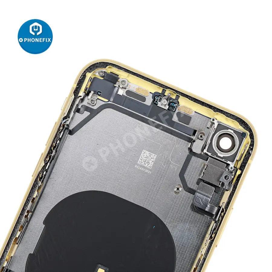Red iPhone XR back cover full assembly replacement by PHONEFIX, featuring original glass and durable back glass for repair.