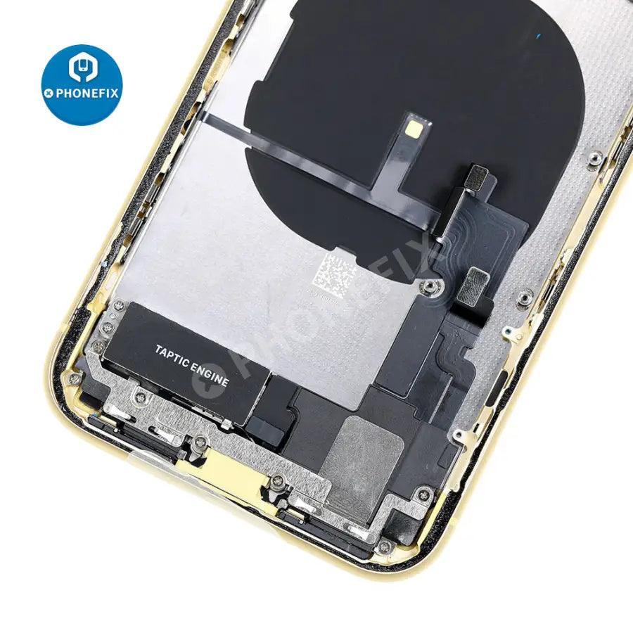 Red iPhone XR back cover full assembly replacement by PHONEFIX, showing the original back glass and full assembly design.