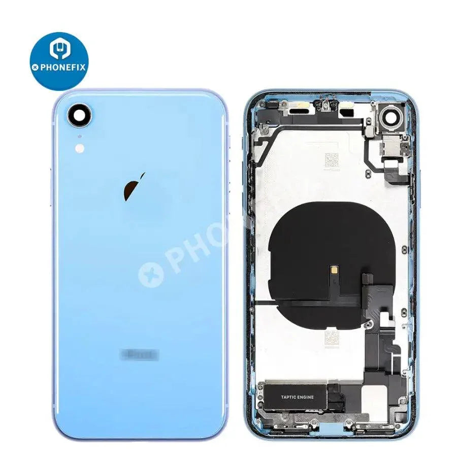 Red PHONEFIX back cover full assembly replacement for iPhone XR showing the new glass back and frame.