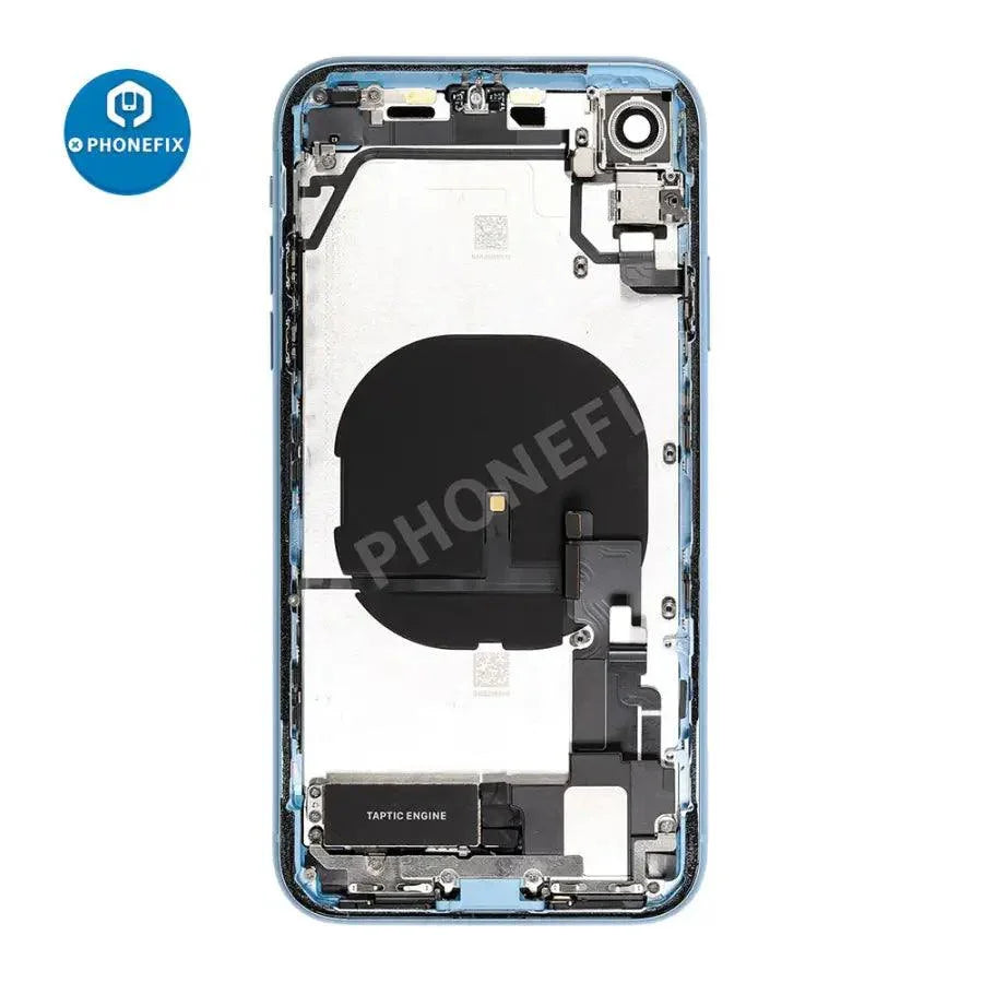 Red PHONEFIX back cover full assembly replacement for iPhone XR, showing the new glass back with precise fit and finish.