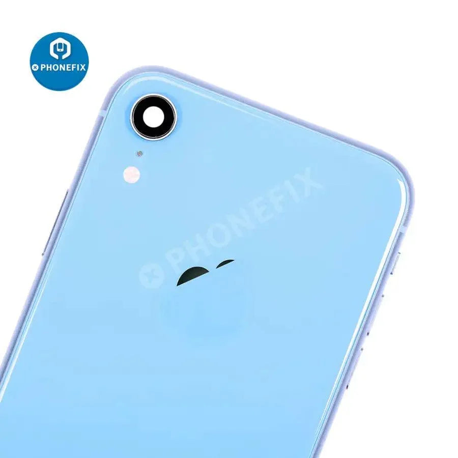 Red PHONEFIX back cover full assembly replacement for iPhone XR, showing the new glass back and frame.