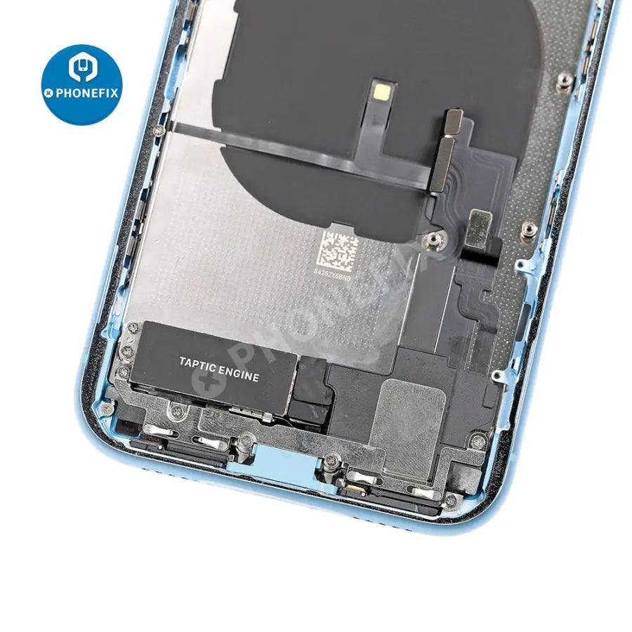 Red PHONEFIX back cover assembly with glass replacement for iPhone XR, showing the full front and back view of the assembled back glass.