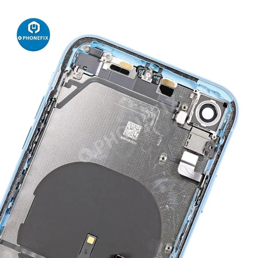 Red PHONEFIX back cover full assembly replacement for iPhone XR, showing the new glass back with camera cutouts.