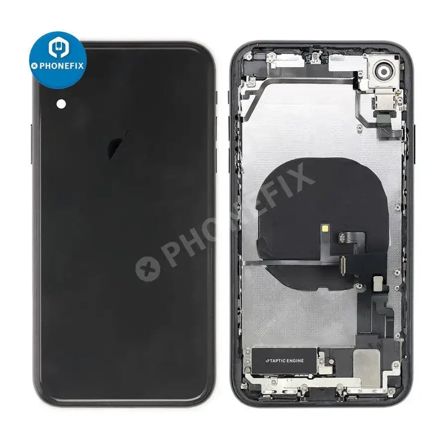 Red iPhone XR back cover full assembly replacement by PHONEFIX, showcasing the original glass back and rear frame.