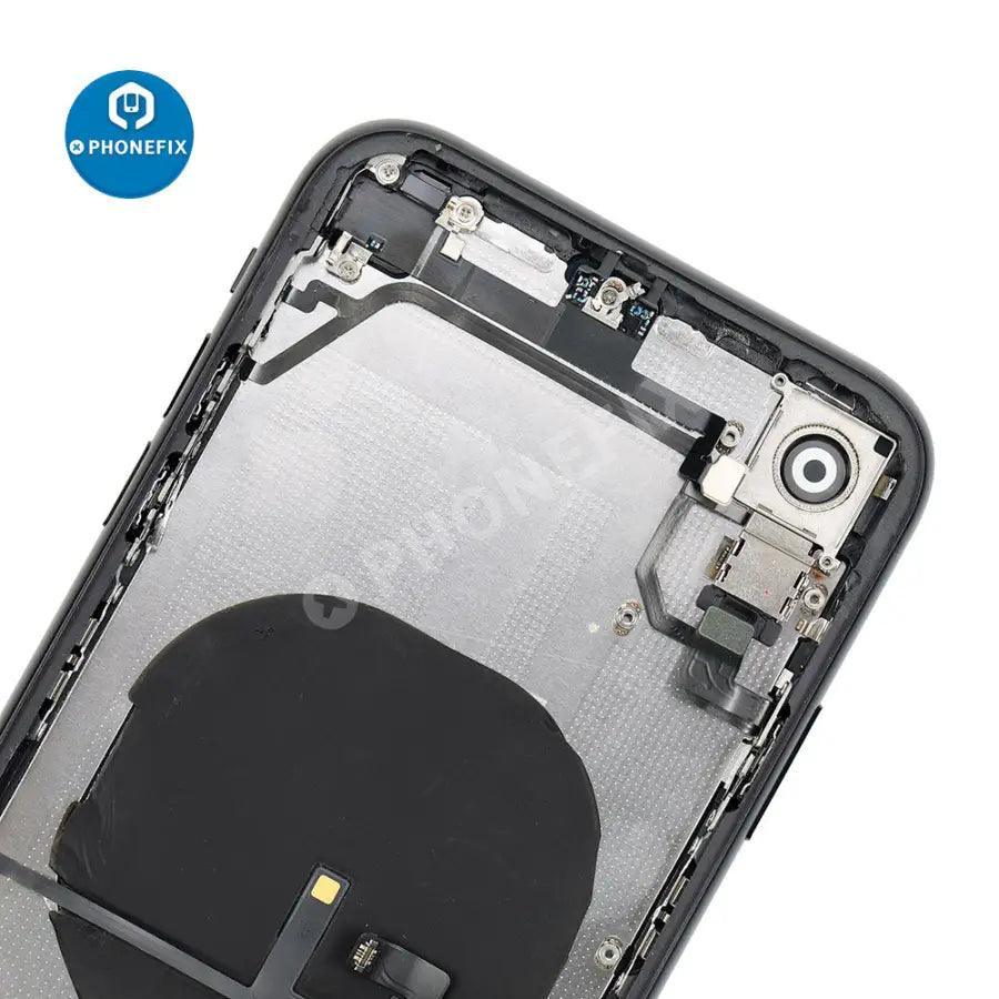 Red iPhone XR back cover full assembly replacement by PHONEFIX, featuring a glass back and durable construction.