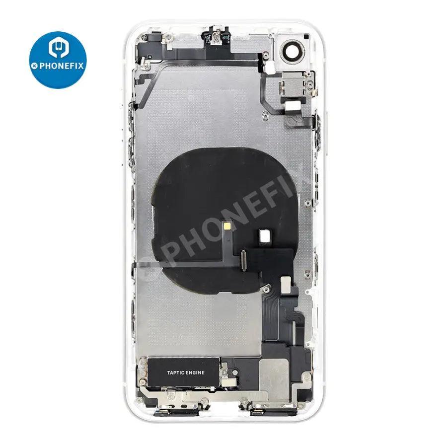 Red PhoneFix back cover full assembly replacement for iPhone XR, showing the rear glass with intact finish and sleek design.