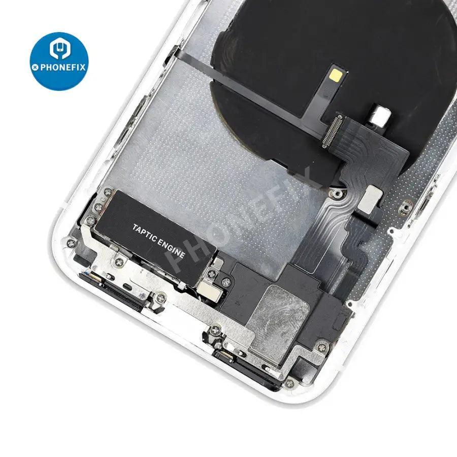 Red iPhone XR back cover full assembly replacement by PHONEFIX, showing the original glass back with precise fit and finish.