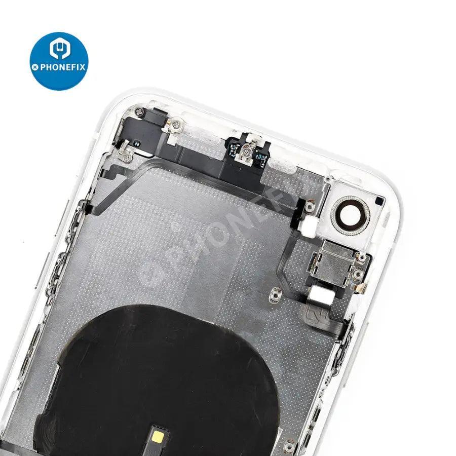 Red PHONEFIX back cover full assembly replacement for iPhone XR with glass back and frame, showing the assembled phone back.