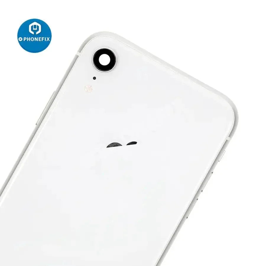 Red iPhone XR back cover full assembly replacement by PHONEFIX, showing the original glass back with precise fit and finish.