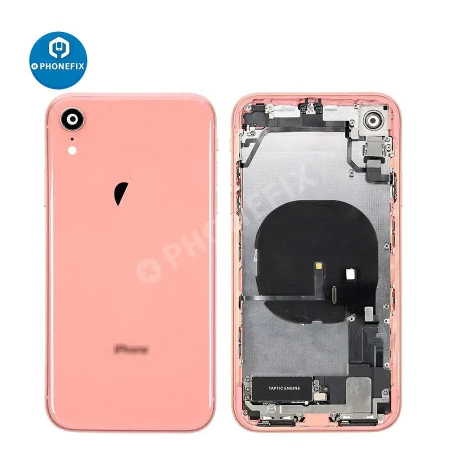 Red PHONEFIX back cover assembly for iPhone XR with full glass replacement, showing the intact rear glass and slim design.