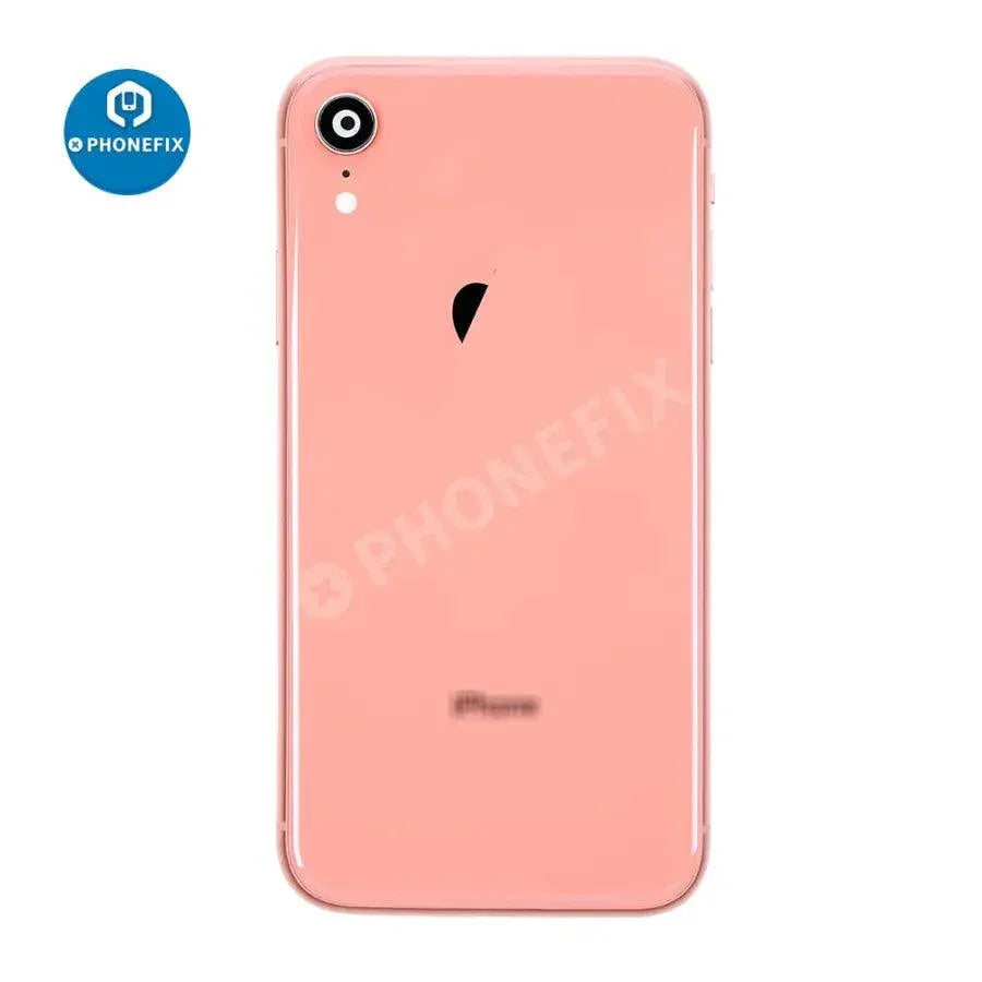 Red PHONEFIX back cover full assembly replacement for iPhone XR, showing the new glass rear back cover on the device.