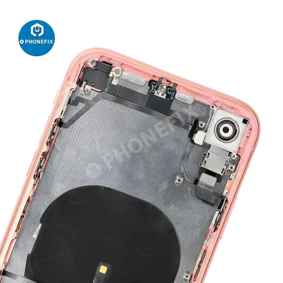 Red PHONEFIX back cover full assembly replacement for iPhone XR with glass back and sleek finish, showing the assembled rear of the phone.