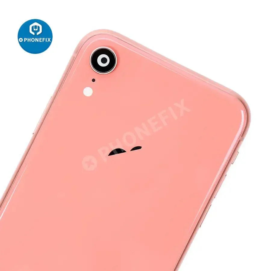 Red iPhone XR back cover full assembly replacement by PHONEFIX, showing the original back glass and full rear cover.