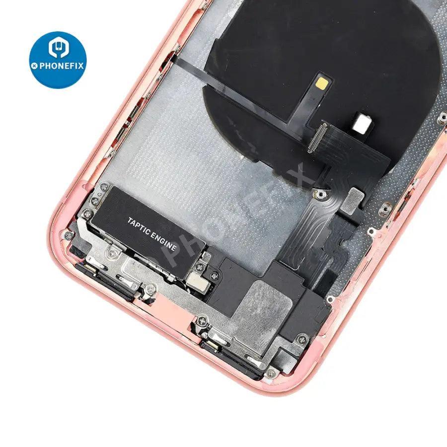 Red PHONEFIX back cover full assembly replacement for iPhone XR with glass back and sleek finish, showing the assembled rear view.