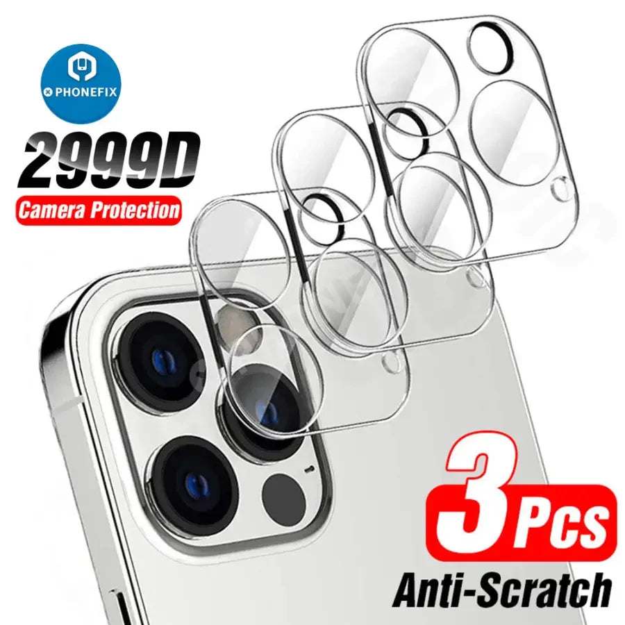 Set of three full cover camera lens protectors for iPhone 6S to 14 Pro Max, designed for back glass replacement by PHONEFIX.