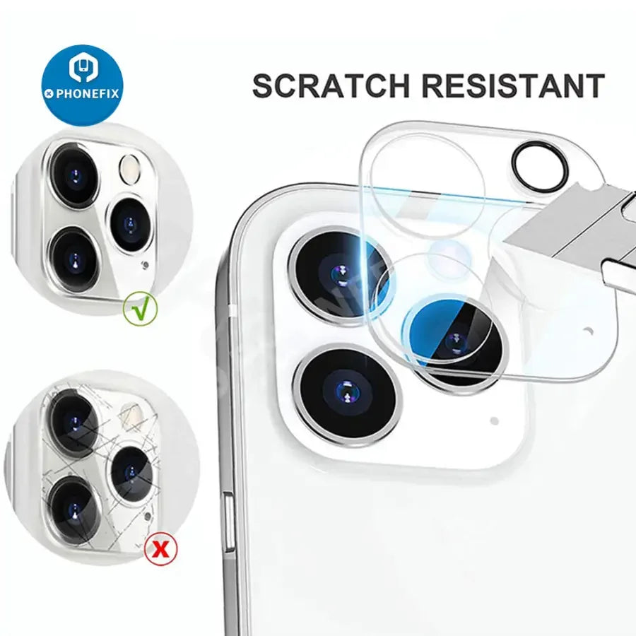 Set of three full cover camera lens protectors for iPhone 6S to 14 Pro Max, designed for back glass replacement by PHONEFIX.