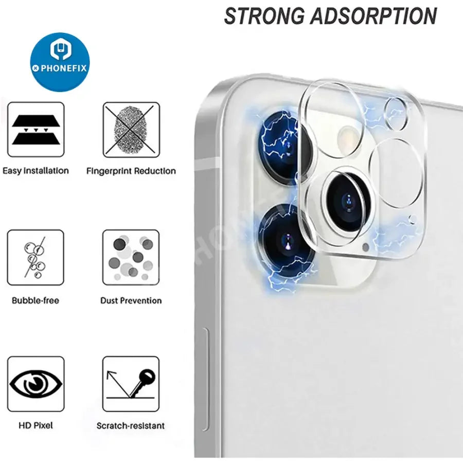 Set of three full cover camera lens protectors for iPhone 6S to iPhone 14 Pro Max by PHONEFIX, designed for back camera protection.