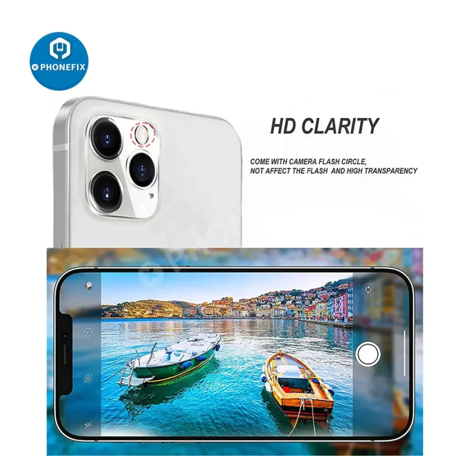Set of three full cover camera lens protectors for iPhone 6S to 14 Pro Max, designed to shield back camera lenses.