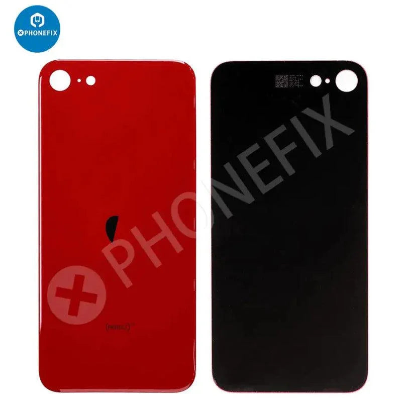 Back glass battery cover panel replacement for iPhone 8-14 series, shown in black with PHONEFIX branding.