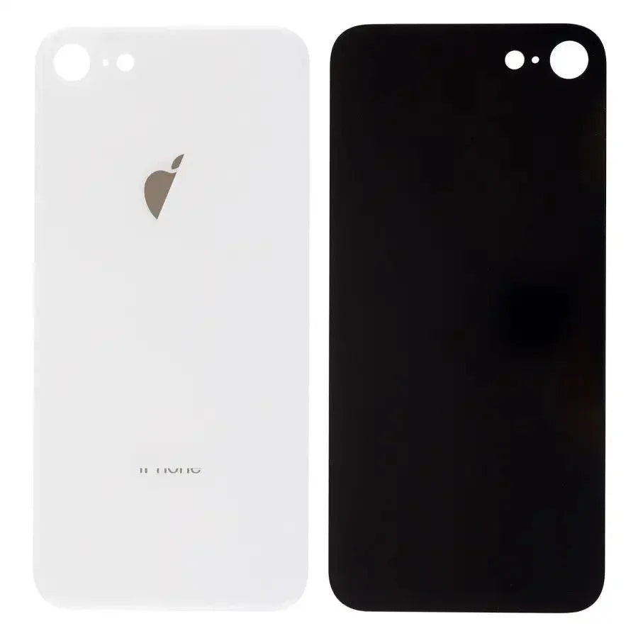 Back glass battery cover panel replacement for iPhone 8-14 series by PHONEFIX, showing the new glass back panel with adhesive edges.