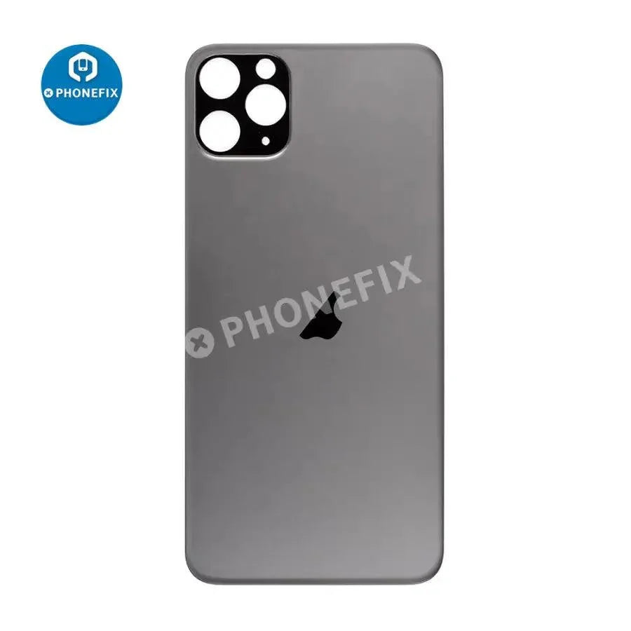 PhoneFix back glass battery cover panel replacement for iPhone 8 to 14 series, showing the new glass rear panel with adhesive.