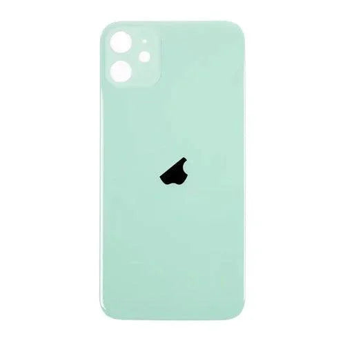 PhoneFix back glass battery cover panel replacement for iPhone 8-14 series, showing the new rear glass back panel on a smartphone.