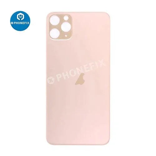 Back glass battery cover panel replacement for iPhone 8-14 series, showing the PHONEFIX brand back glass with adhesive edges.