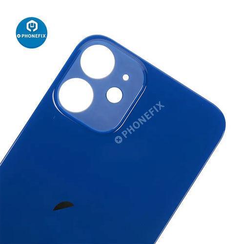PhoneFix back glass battery cover panel replacement for iPhone 8-14 series showing the new glass back and camera cutouts.