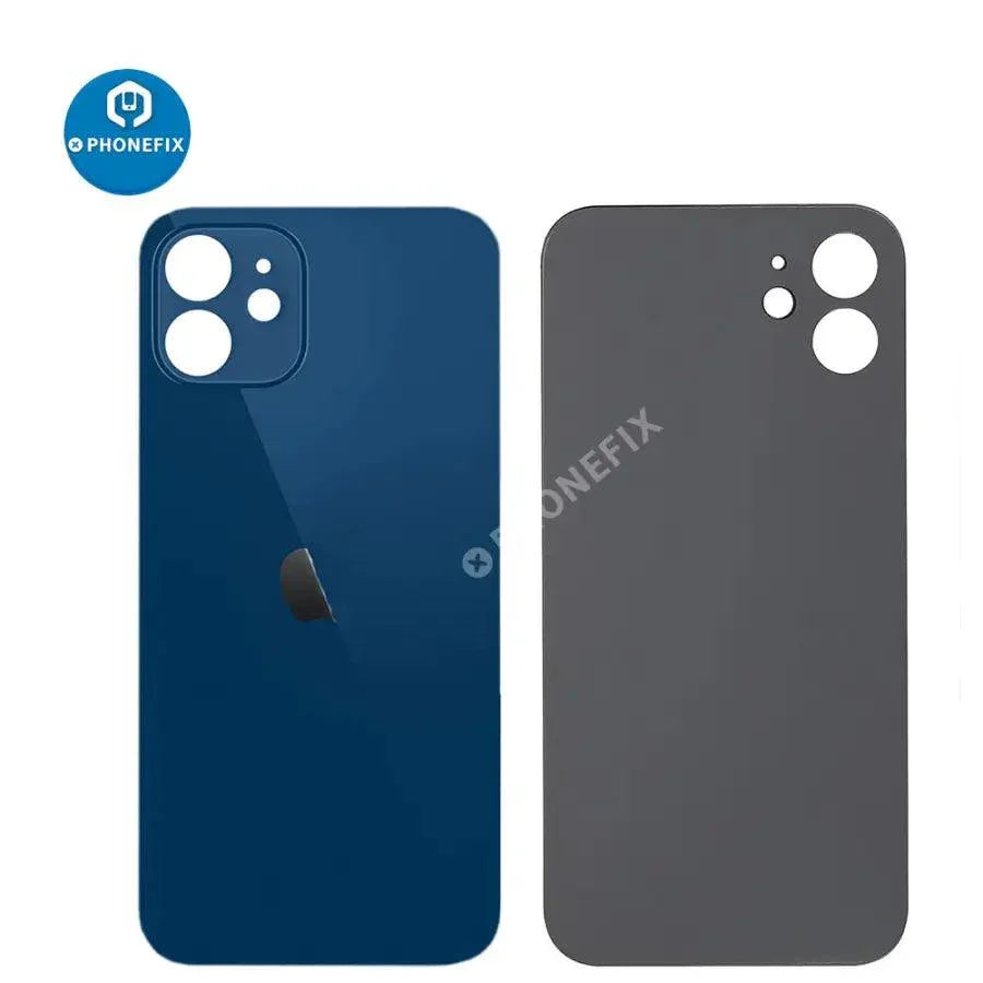 Back glass battery cover panel replacement for iPhone 8-14 series by PHONEFIX, showing the new transparent rear glass.