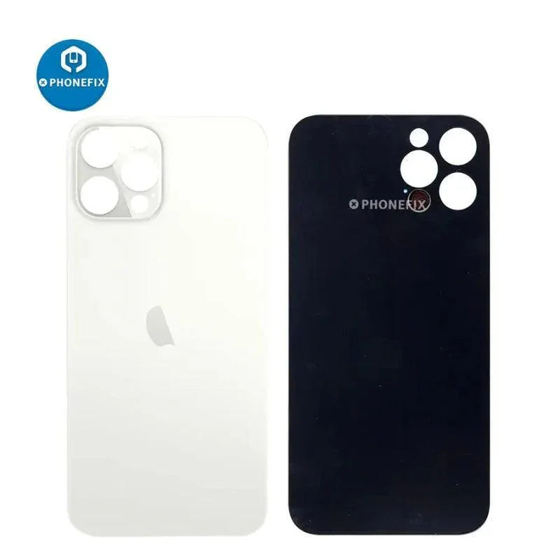 Back glass battery cover panel replacement for iPhone 8-14 series by PHONEFIX, showing the new transparent back glass on the phone.