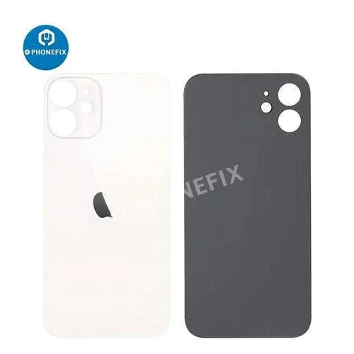PhoneFix back glass battery cover panel replacement for iPhone 8-14 series, showing the new glass back panel with adhesive edges.