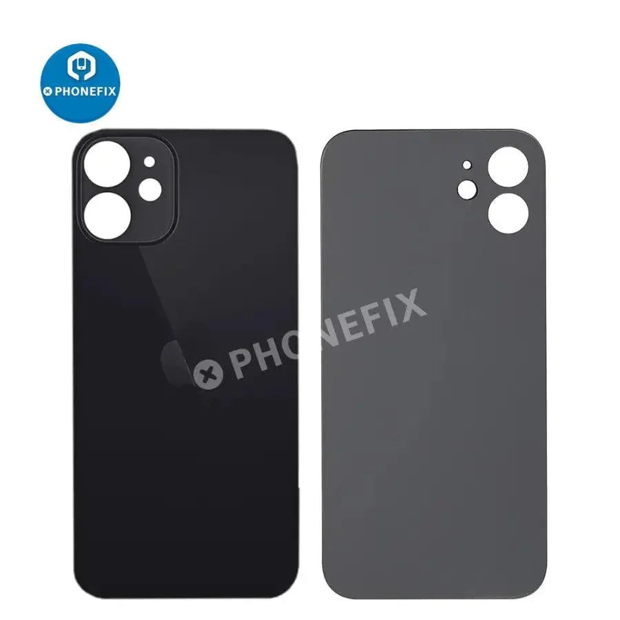 Back glass battery cover panel replacement for iPhone 8-14 series by PHONEFIX, showing the new transparent rear glass.
