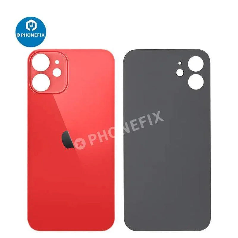 Back glass battery cover panel replacement for iPhone 8-14 series by PHONEFIX, showing the new glass back cover with adhesive edges.