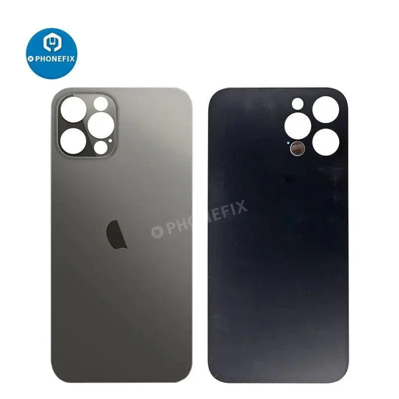 Back glass battery cover panel replacement for iPhone 8-14 series by PHONEFIX, showing the smooth glass surface and fit for rear panel repair.