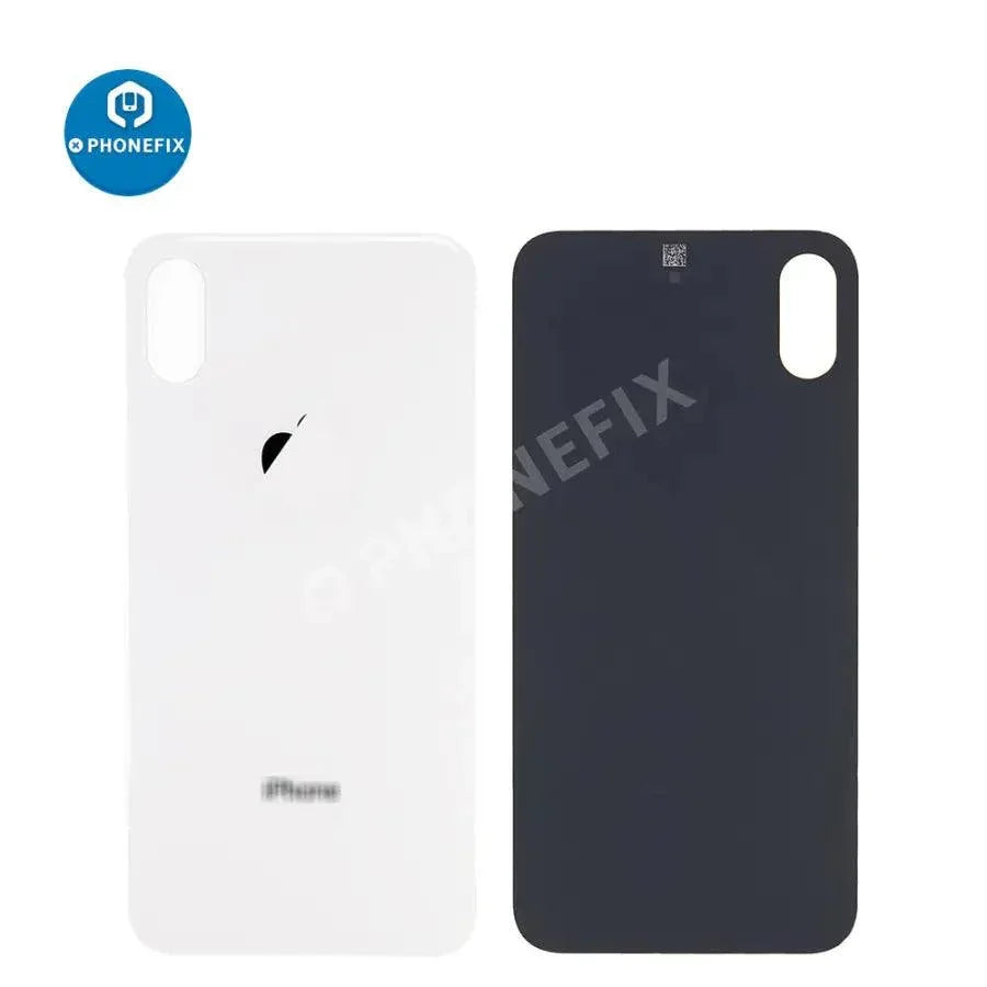 Back glass battery cover panel for iPhone 8-14 series by PHONEFIX, showing the replacement back glass with adhesive edges.