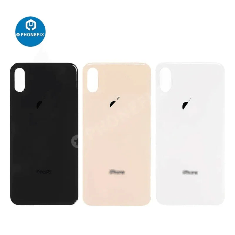 Back glass battery cover panel replacement for iPhone 8-14 series by PHONEFIX, showing the new glass back panel with cutouts.