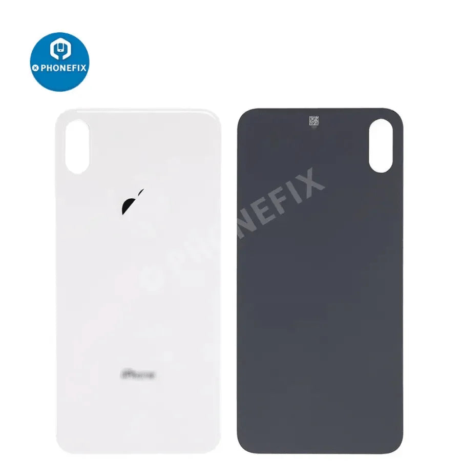 PHONEFIX back glass battery cover panel replacement for iPhone 8-14 series, showing the new glass rear panel on a compatible iPhone.
