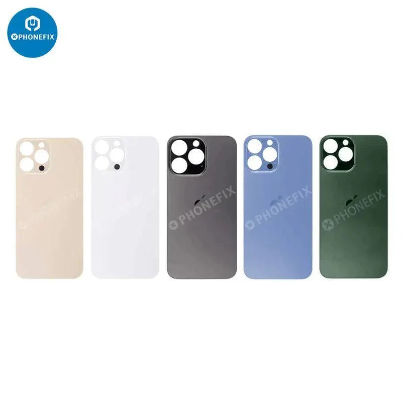 Back glass battery cover panel replacement for iPhone 8-14 series by PHONEFIX, showing a clear rear glass cover on a white background.