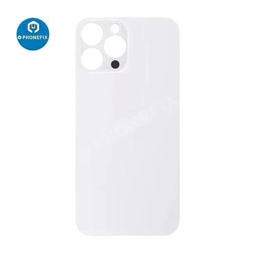 Back glass battery cover panel replacement for iPhone 8-14 series by PHONEFIX, showing the new glass panel with adhesive edges.