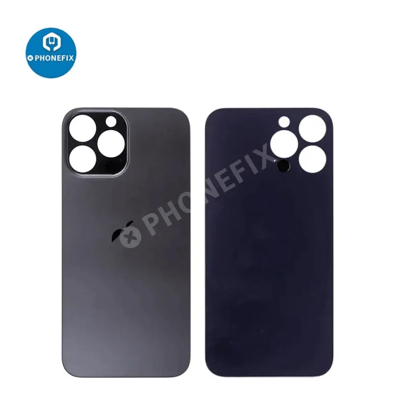 Back glass battery cover panel replacement for iPhone 8-14 series by PHONEFIX, showing the new glass panel with adhesive edges.