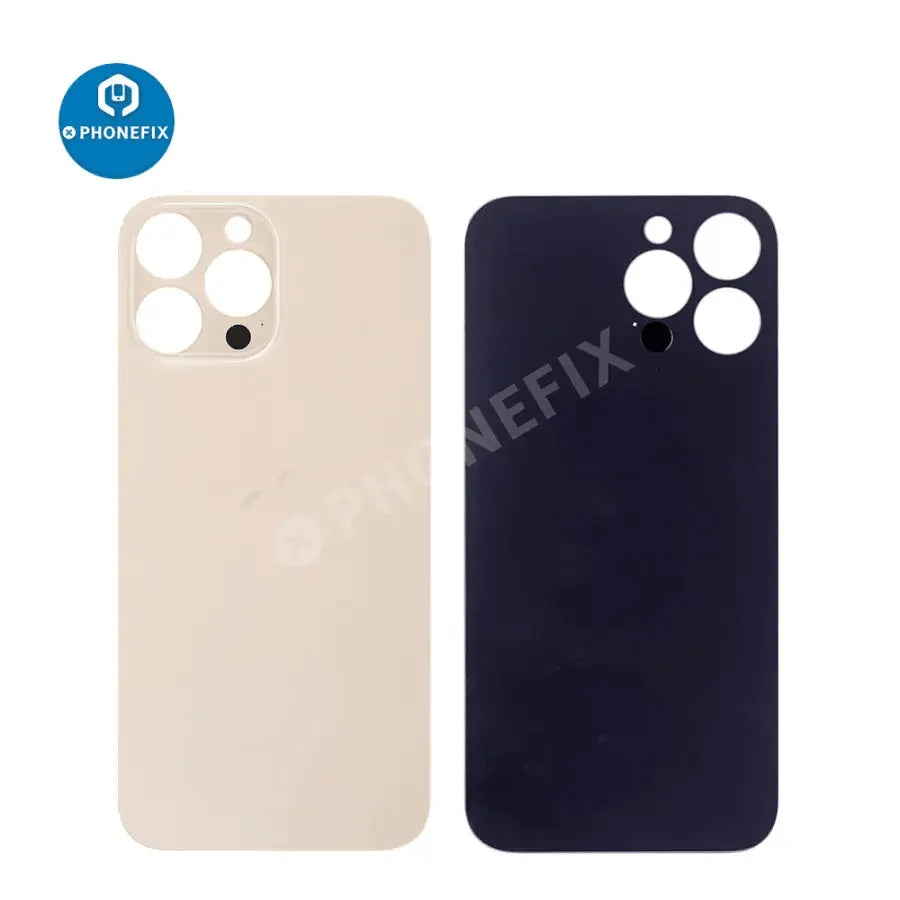 PhoneFix back glass battery cover panel replacement for iPhone 8 to 14 series, showing the new glass back cover with adhesive edges.