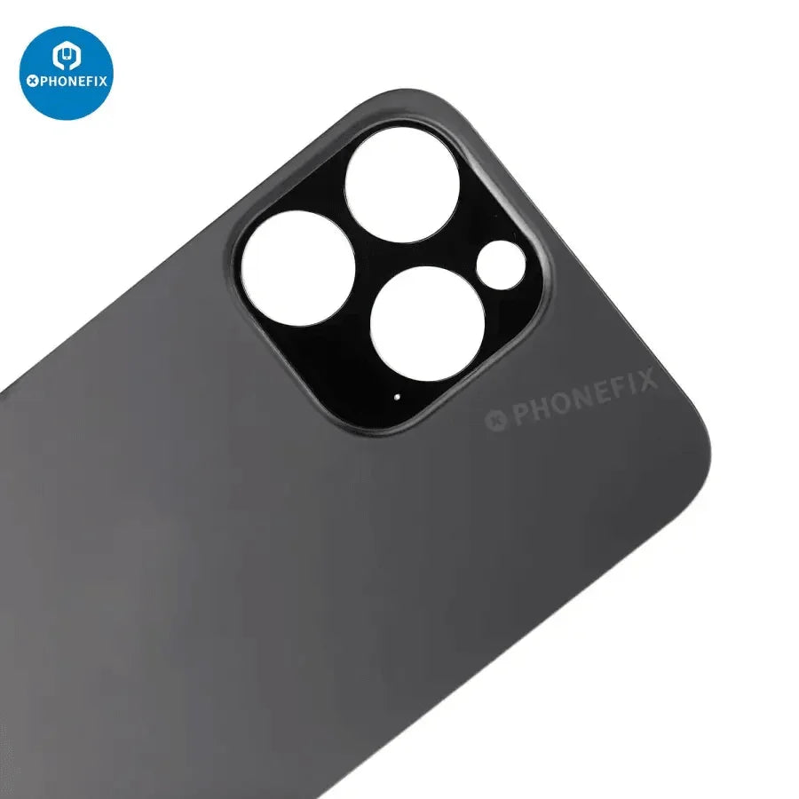 Back glass battery cover panel replacement for iPhone 8-14 series by PHONEFIX, showing the new rear glass with adhesive edges.
