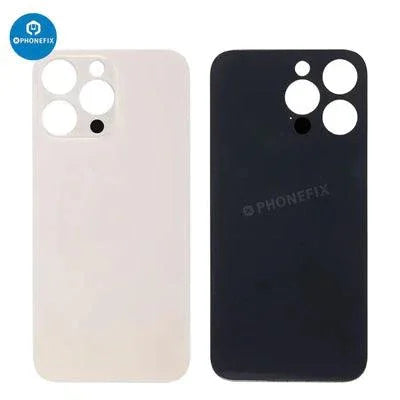 Back glass battery cover panel replacement for iPhone 8-14 series by PHONEFIX, showing the new rear glass with adhesive edges.