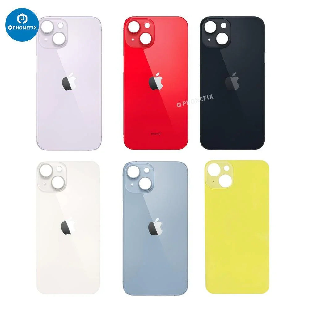 Back glass battery cover panel replacement for iPhone 8-14 series by PHONEFIX, showing a sleek transparent back glass panel.