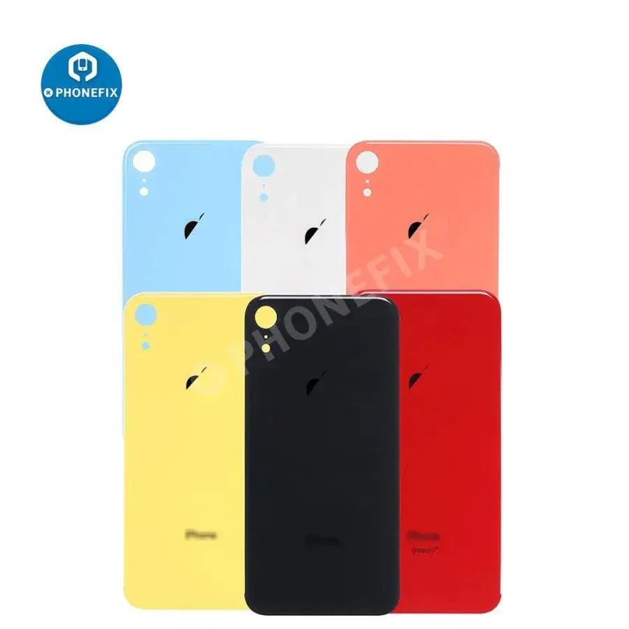 PhoneFix back glass battery cover panel replacement for iPhone 8-14 series, showing the new transparent rear glass.