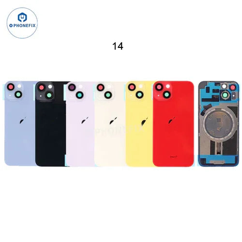 PHONEFIX back glass battery cover panel replacement for iPhone 8 to 14 series, showing the sleek, transparent glass back with cutouts.