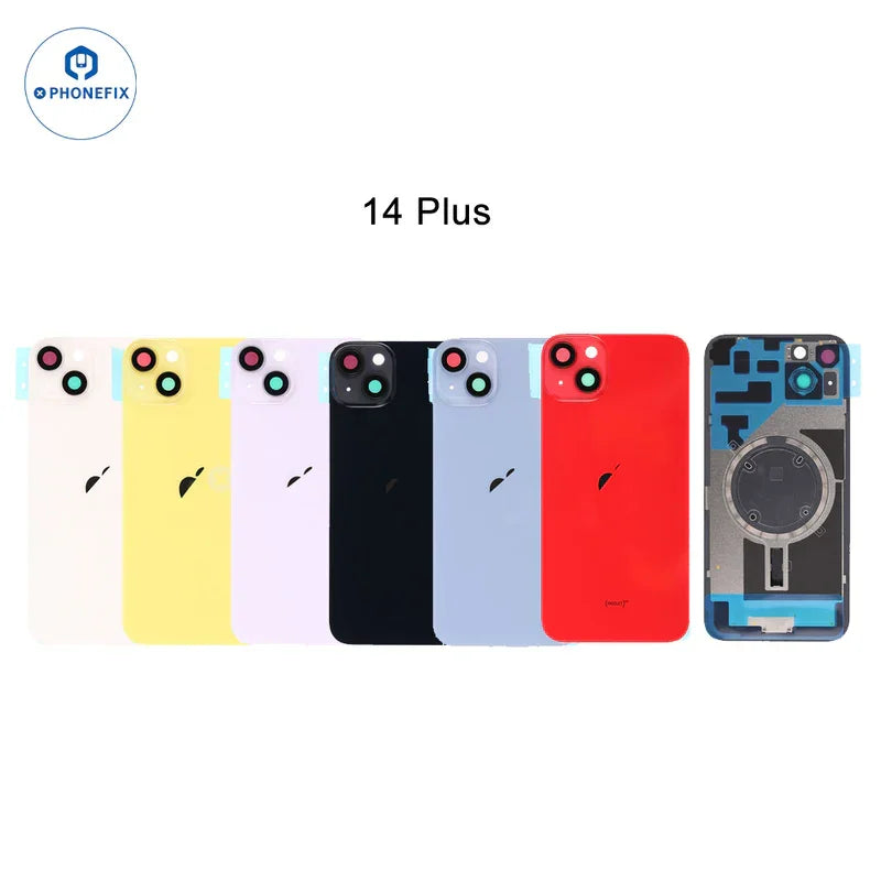 PHONEFIX back glass battery cover panel replacement for iPhone 8-14 series, showing the new transparent rear glass for the iPhone 14 Plus.
