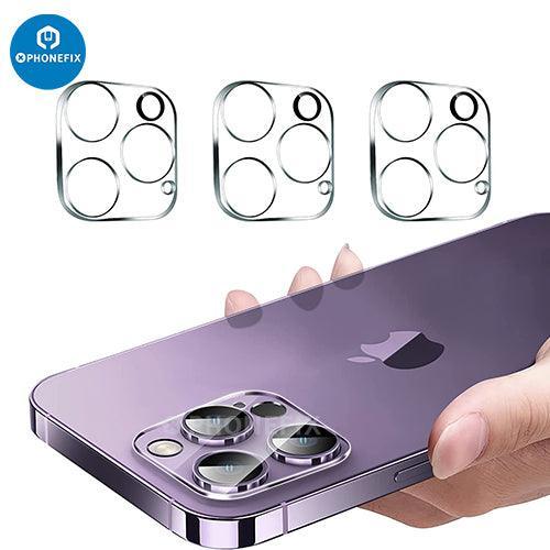 Rear back camera lens protector for iPhone 13-14 Pro Max, tempered glass replacement by PHONEFIX, with silver frame.